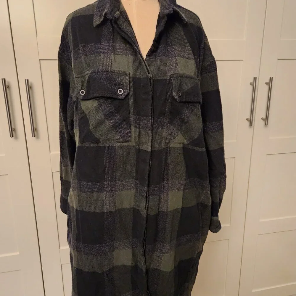 French Connection Plaid Flannel Shirt Dress Tie Belt Green Blue Medium